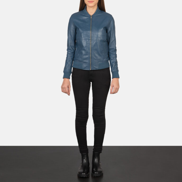 Womens Bliss Blue Leather Bomber Jacket Full Length-2-1659372699142